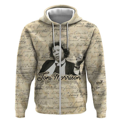 Toni Morrison Zip Hoodie Handwritten Manuscript Powerful Portrait with Feather Pen Quote - African Pride