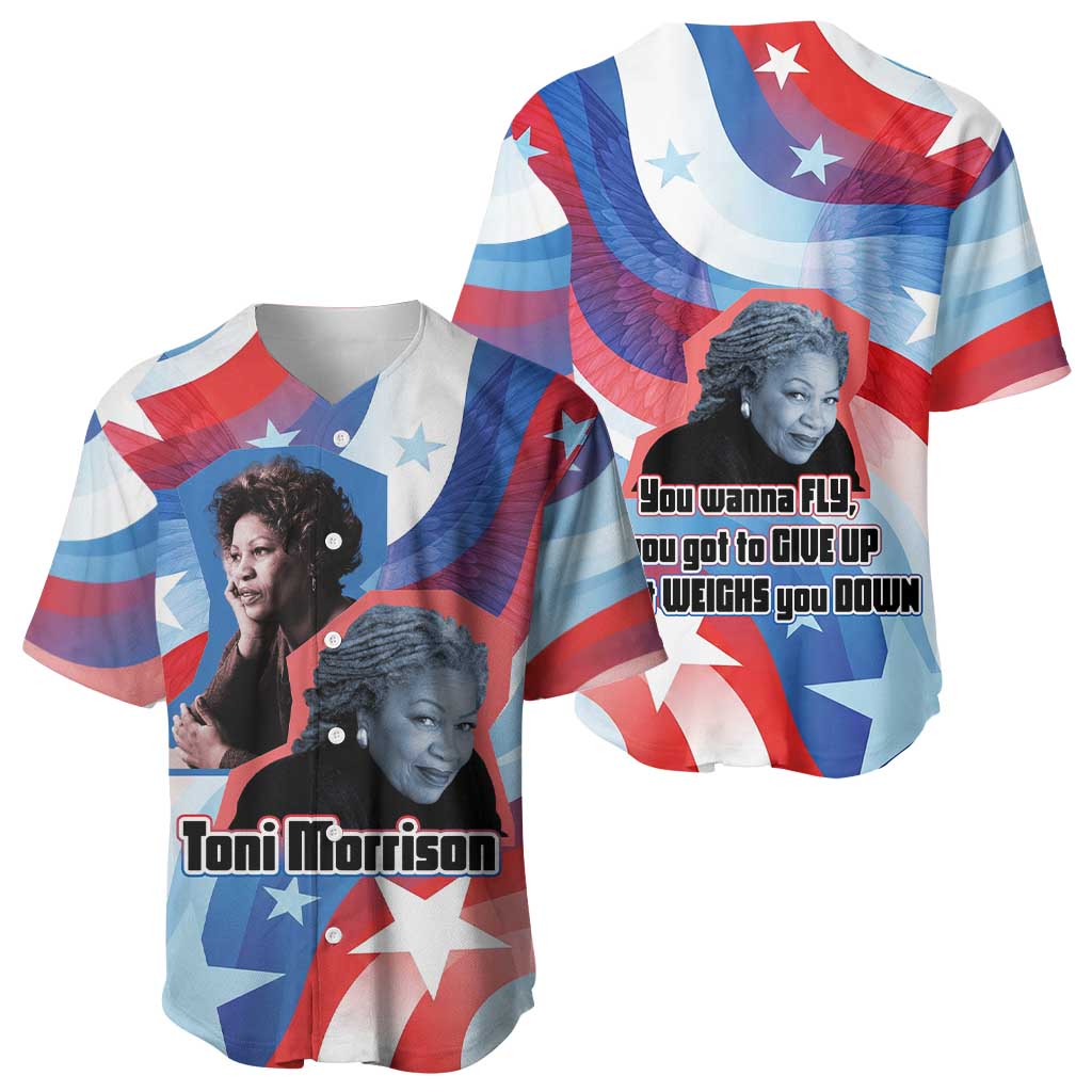 Toni Morrison Baseball Jersey Abstract Wings Design Empowering Quote Dual Portrait Celebration of Literary Freedom - African Pride
