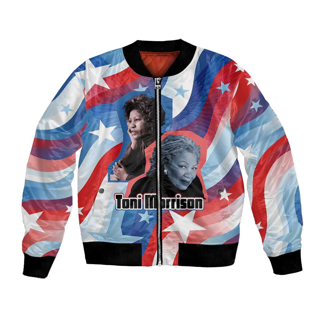 Toni Morrison Bomber Jacket Abstract Wings Design Empowering Quote Dual Portrait Celebration of Literary Freedom - African Pride