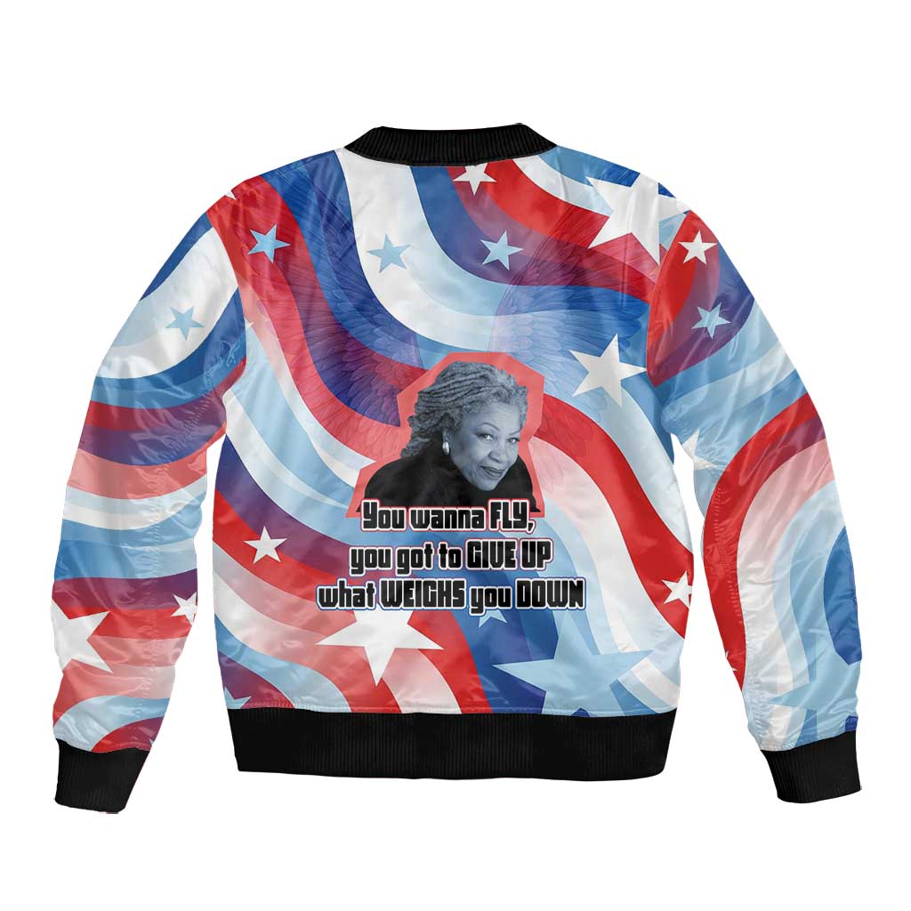 Toni Morrison Bomber Jacket Abstract Wings Design Empowering Quote Dual Portrait Celebration of Literary Freedom - African Pride