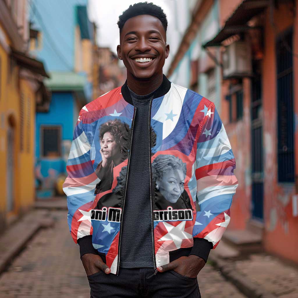 Toni Morrison Bomber Jacket Abstract Wings Design Empowering Quote Dual Portrait Celebration of Literary Freedom - African Pride