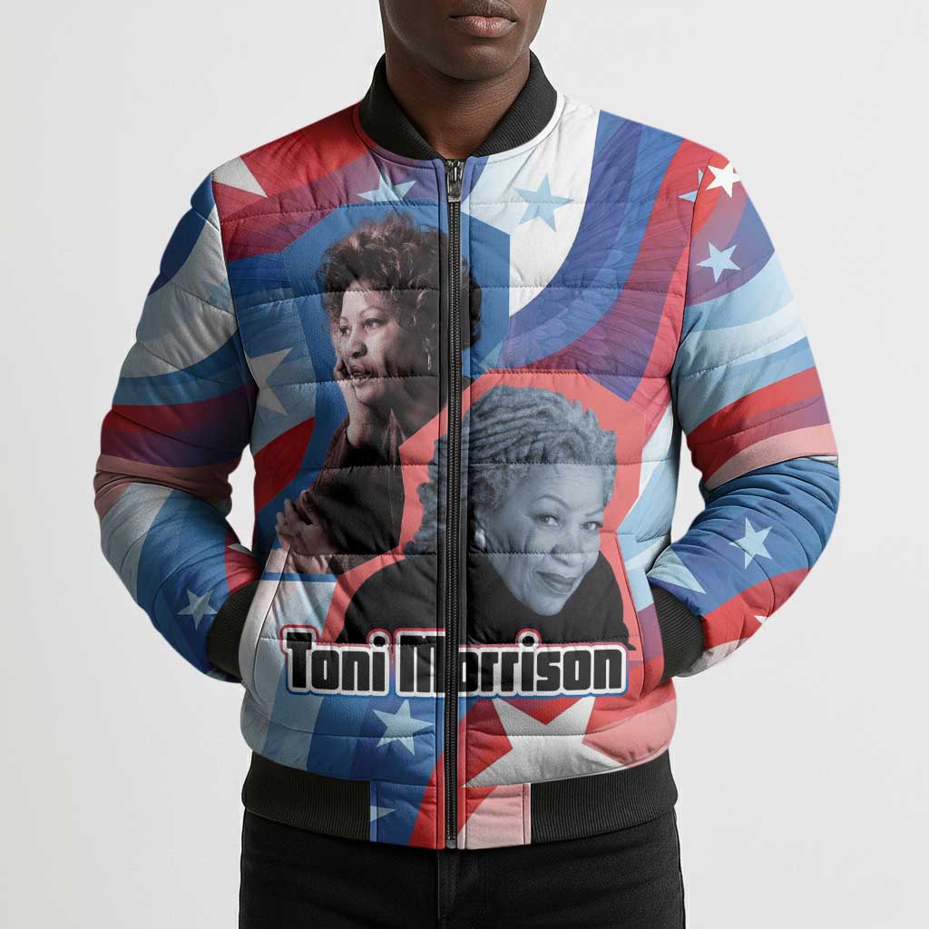 Toni Morrison Bomber Puffer Jacket Abstract Wings Design Empowering Quote Dual Portrait Celebration of Literary Freedom - African Pride