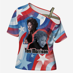 Toni Morrison Cross Shoulder Shirt Abstract Wings Design Empowering Quote Dual Portrait Celebration of Literary Freedom - African Pride