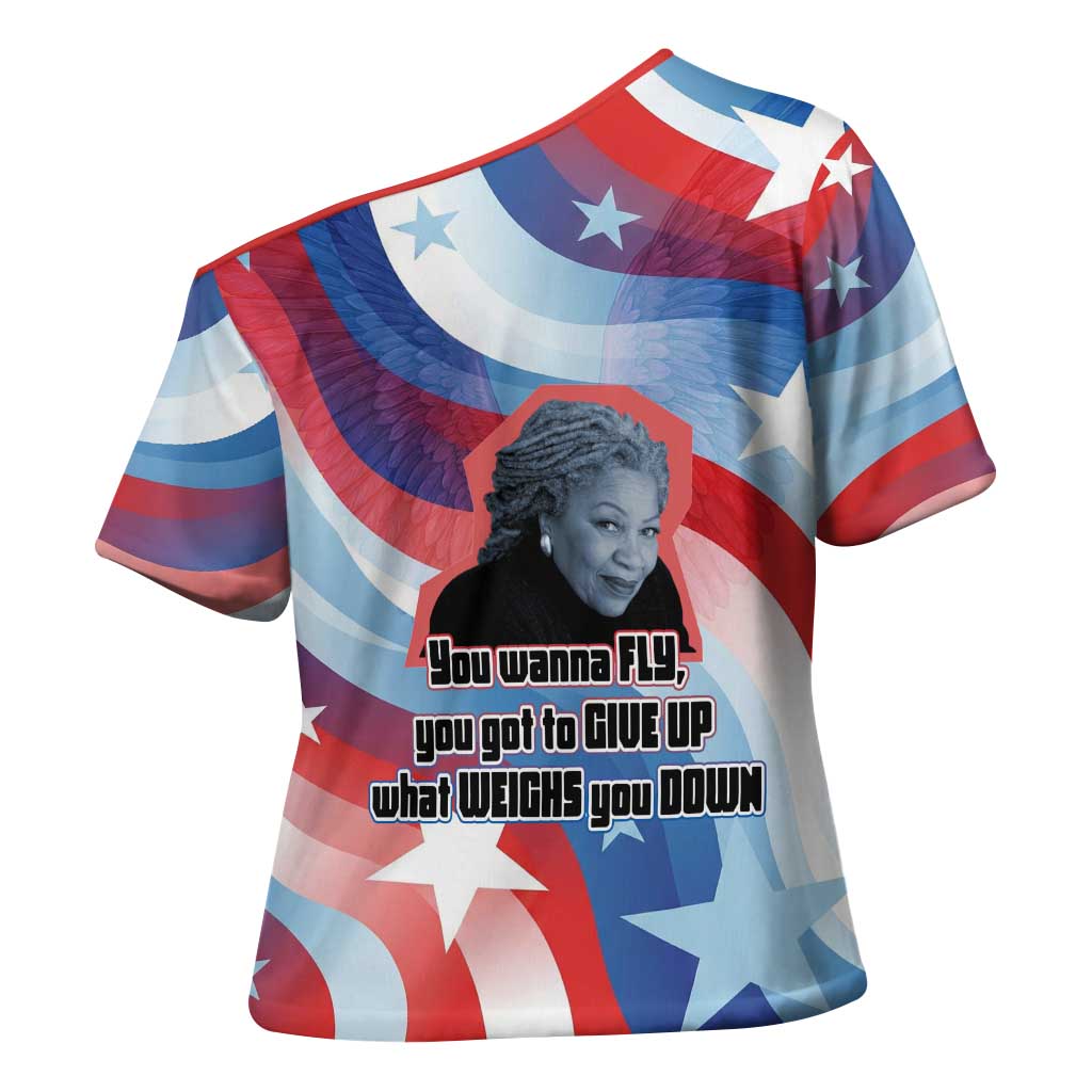 Toni Morrison Cross Shoulder Shirt Abstract Wings Design Empowering Quote Dual Portrait Celebration of Literary Freedom - African Pride