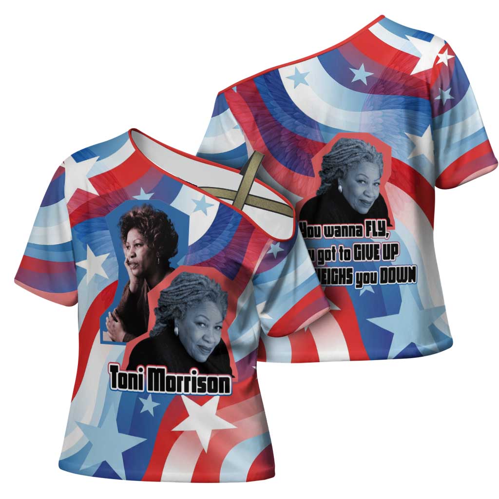 Toni Morrison Cross Shoulder Shirt Abstract Wings Design Empowering Quote Dual Portrait Celebration of Literary Freedom - African Pride