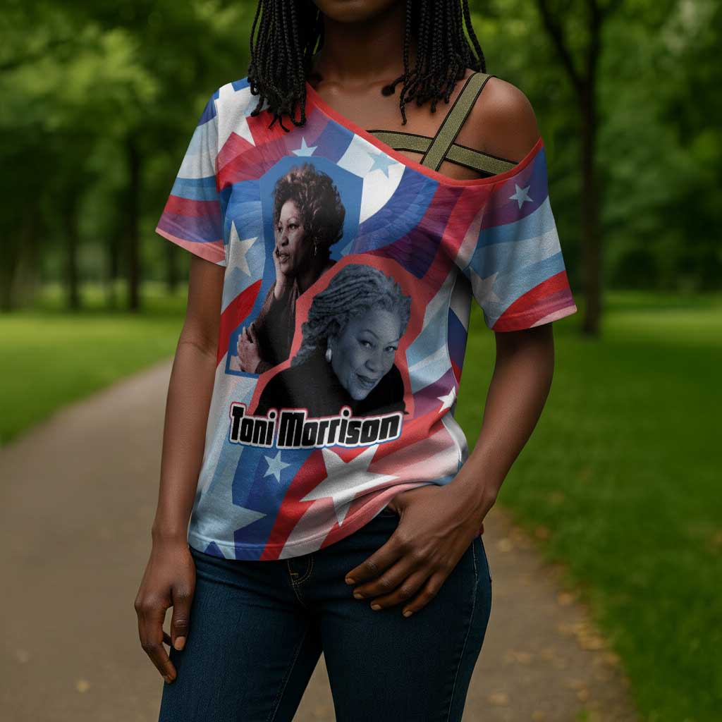 Toni Morrison Cross Shoulder Shirt Abstract Wings Design Empowering Quote Dual Portrait Celebration of Literary Freedom - African Pride