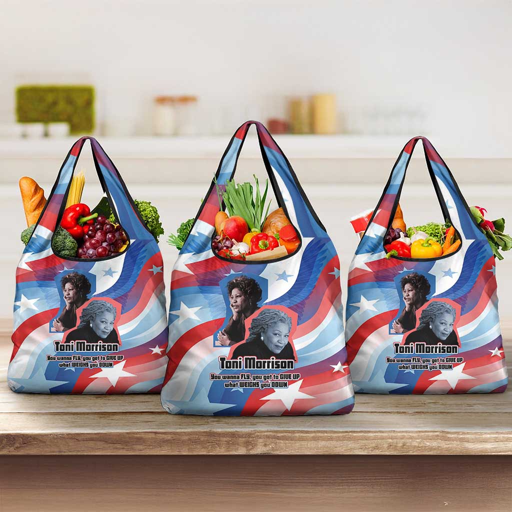 Toni Morrison Grocery Bag Abstract Wings Design Empowering Quote Dual Portrait Celebration of Literary Freedom - African Pride