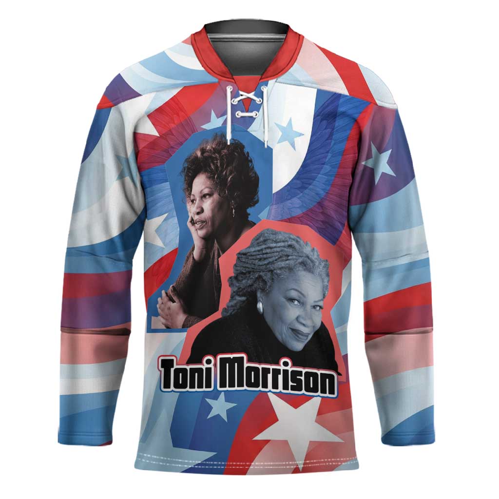 Toni Morrison Hockey Jersey Abstract Wings Design Empowering Quote Dual Portrait Celebration of Literary Freedom - African Pride