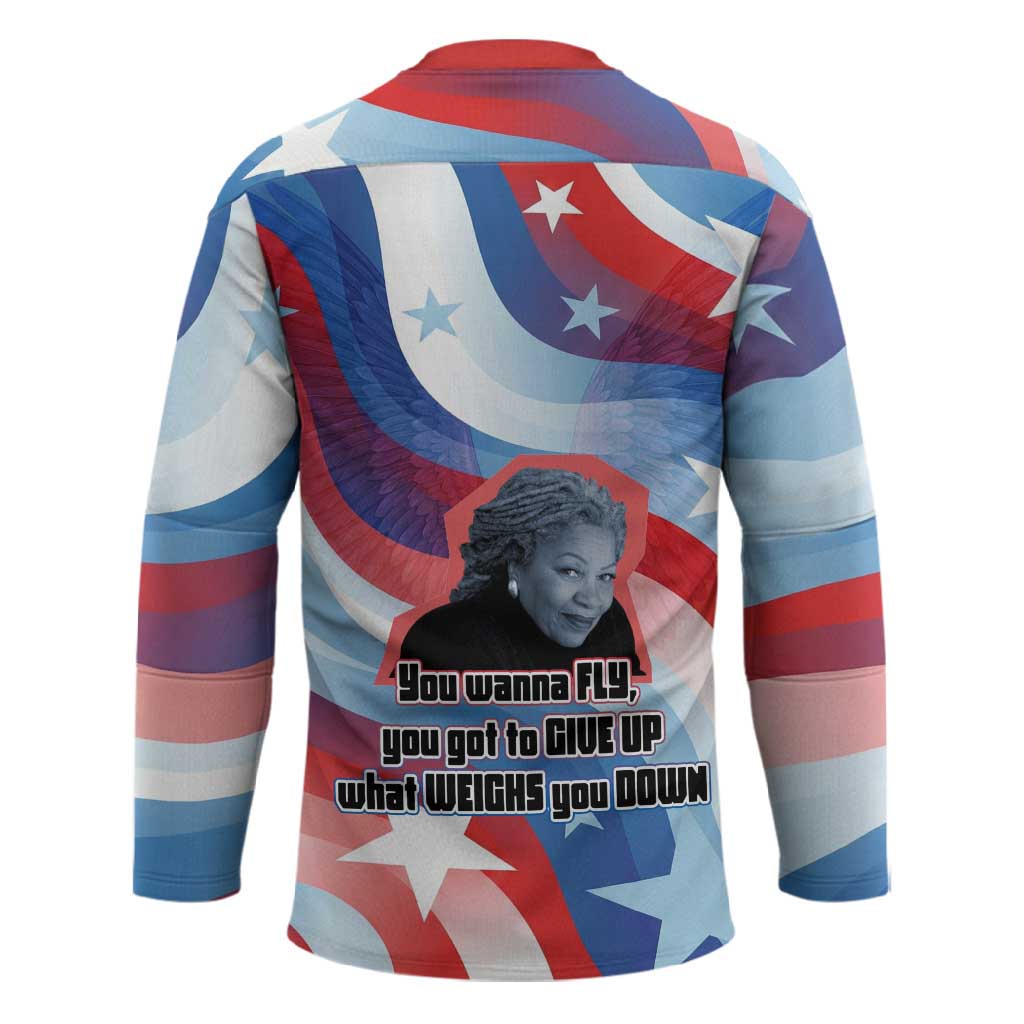 Toni Morrison Hockey Jersey Abstract Wings Design Empowering Quote Dual Portrait Celebration of Literary Freedom - African Pride