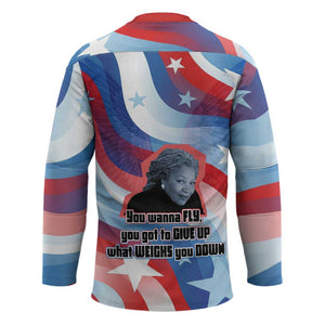 Toni Morrison Hockey Jersey Abstract Wings Design Empowering Quote Dual Portrait Celebration of Literary Freedom - African Pride