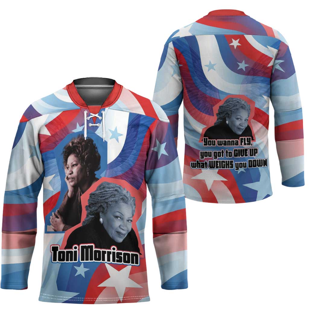 Toni Morrison Hockey Jersey Abstract Wings Design Empowering Quote Dual Portrait Celebration of Literary Freedom - African Pride