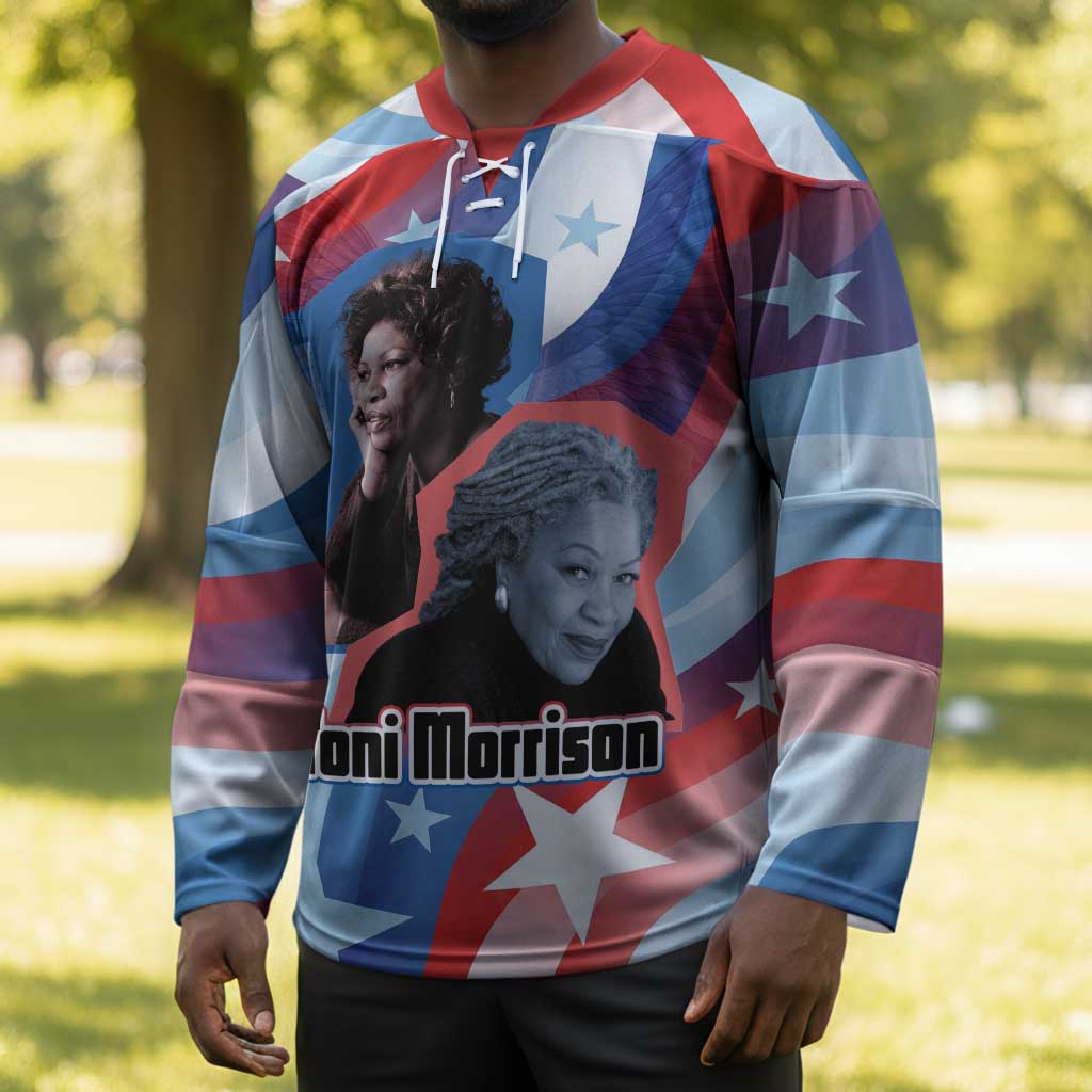 Toni Morrison Hockey Jersey Abstract Wings Design Empowering Quote Dual Portrait Celebration of Literary Freedom - African Pride