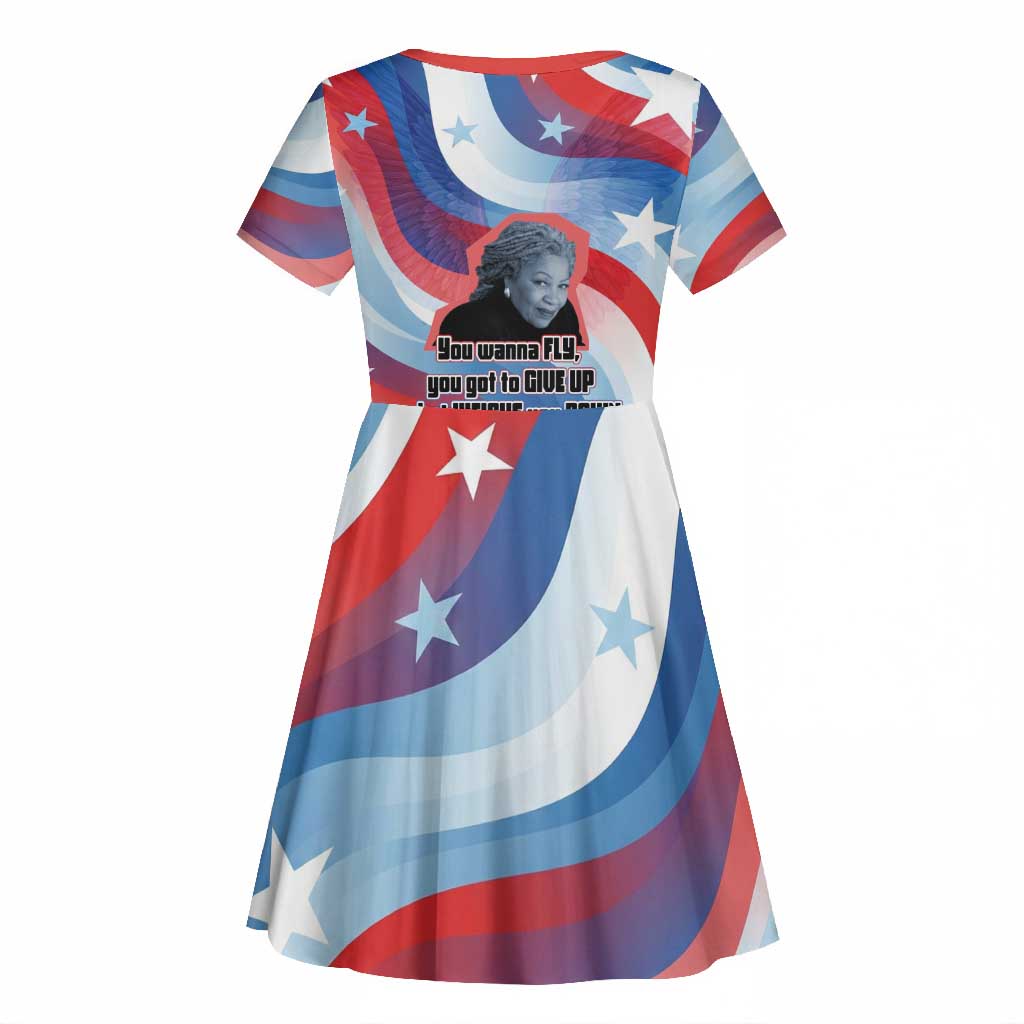 Toni Morrison Kid Short Sleeve Dress Abstract Wings Design Empowering Quote Dual Portrait Celebration of Literary Freedom - African Pride