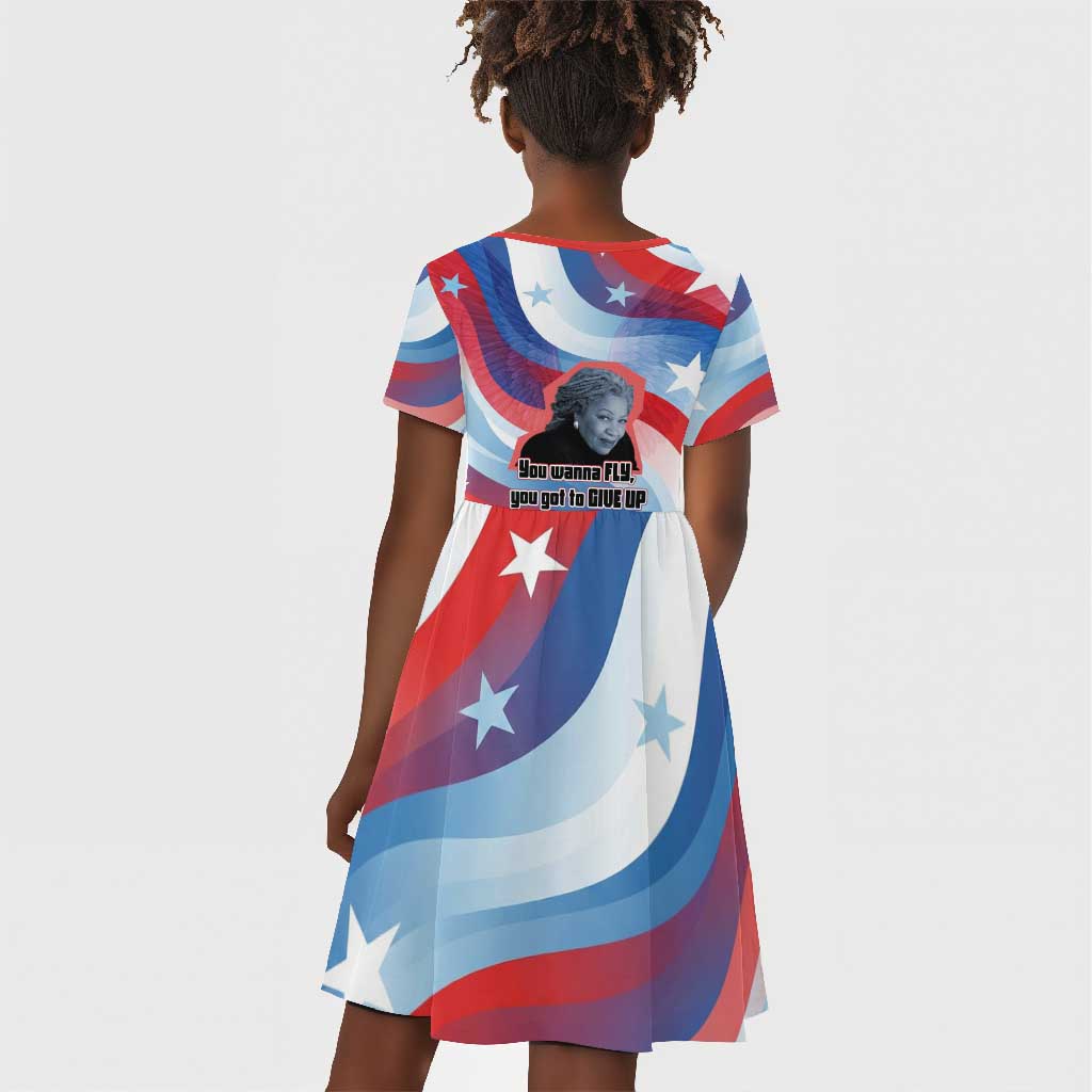 Toni Morrison Kid Short Sleeve Dress Abstract Wings Design Empowering Quote Dual Portrait Celebration of Literary Freedom - African Pride