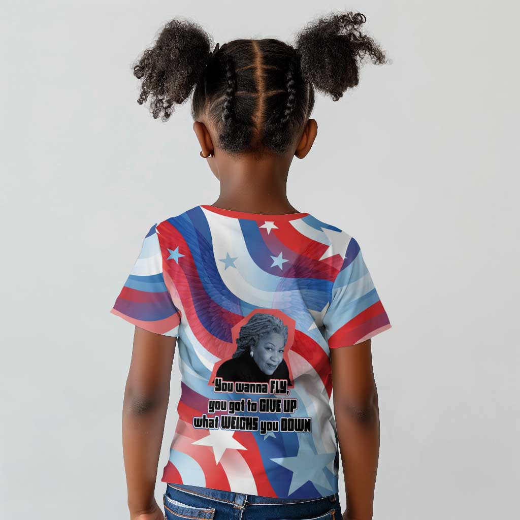Toni Morrison Kid T shirt Abstract Wings Design Empowering Quote Dual Portrait Celebration of Literary Freedom - African Pride