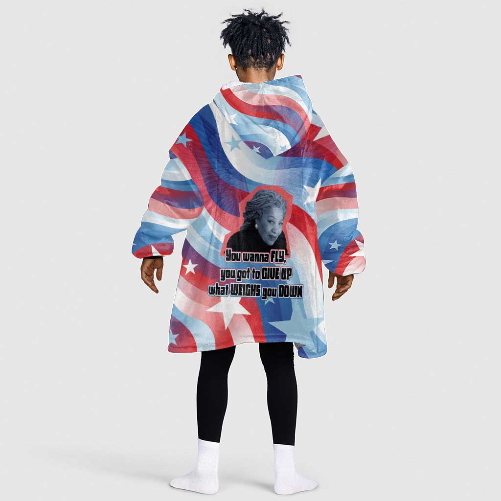 Toni Morrison Kid Wearable Blanket Hoodie Abstract Wings Design Empowering Quote Dual Portrait Celebration of Literary Freedom - African Pride