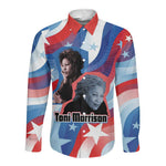 Toni Morrison Long Sleeve Button Shirt Abstract Wings Design Empowering Quote Dual Portrait Celebration of Literary Freedom - African Pride