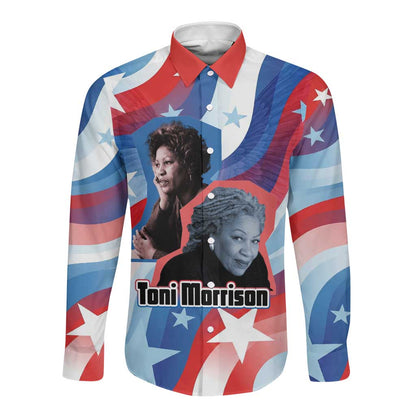 Toni Morrison Long Sleeve Button Shirt Abstract Wings Design Empowering Quote Dual Portrait Celebration of Literary Freedom - African Pride