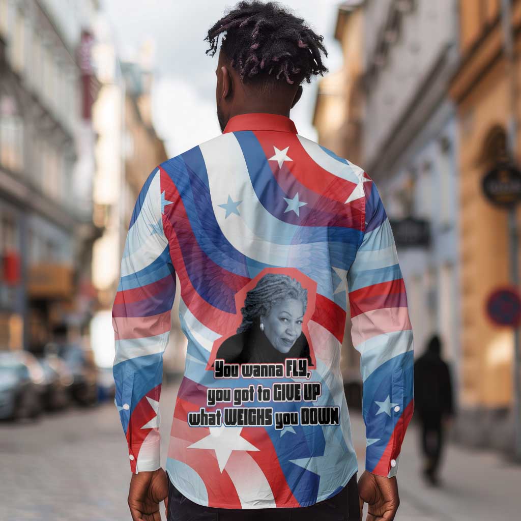 Toni Morrison Long Sleeve Button Shirt Abstract Wings Design Empowering Quote Dual Portrait Celebration of Literary Freedom - African Pride
