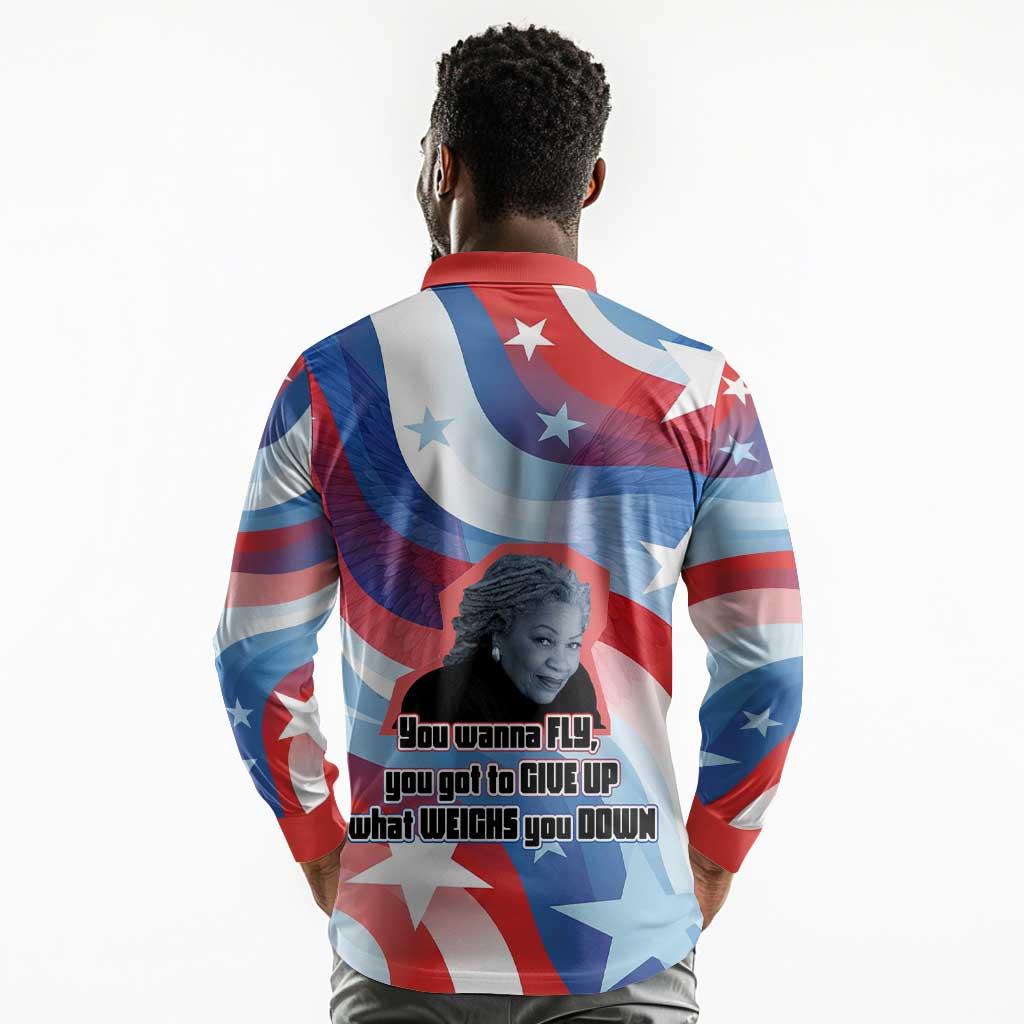 Toni Morrison Long Sleeve Polo Shirt Abstract Wings Design Empowering Quote Dual Portrait Celebration of Literary Freedom - African Pride
