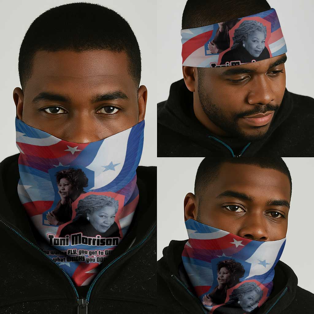 Toni Morrison Neck Gaiter Abstract Wings Design Empowering Quote Dual Portrait Celebration of Literary Freedom - African Pride