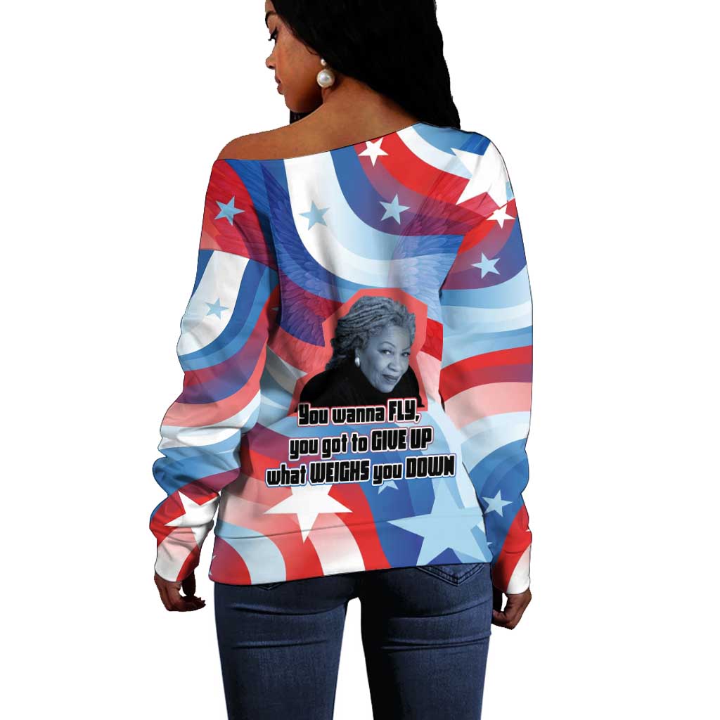 Toni Morrison Off Shoulder Sweater Abstract Wings Design Empowering Quote Dual Portrait Celebration of Literary Freedom - African Pride