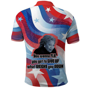 Toni Morrison Polo Shirt Abstract Wings Design Empowering Quote Dual Portrait Celebration of Literary Freedom - African Pride