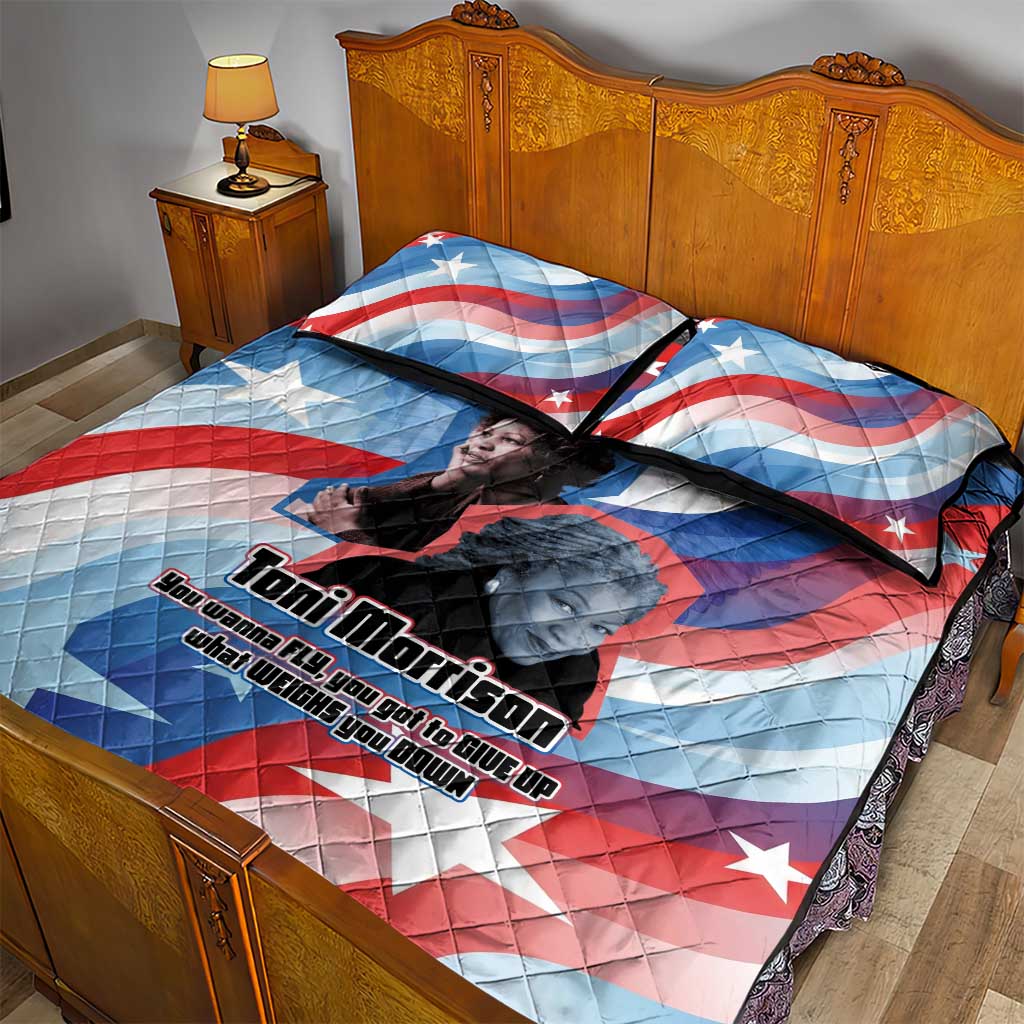 Toni Morrison Quilt Bed Set Abstract Wings Design Empowering Quote Dual Portrait Celebration of Literary Freedom - African Pride