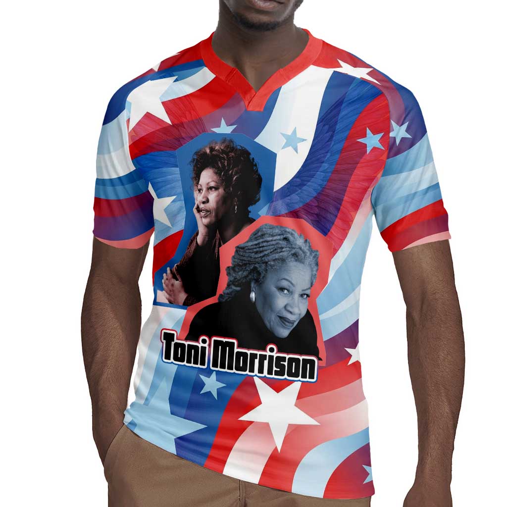 Toni Morrison Rugby Jersey Abstract Wings Design Empowering Quote Dual Portrait Celebration of Literary Freedom - African Pride