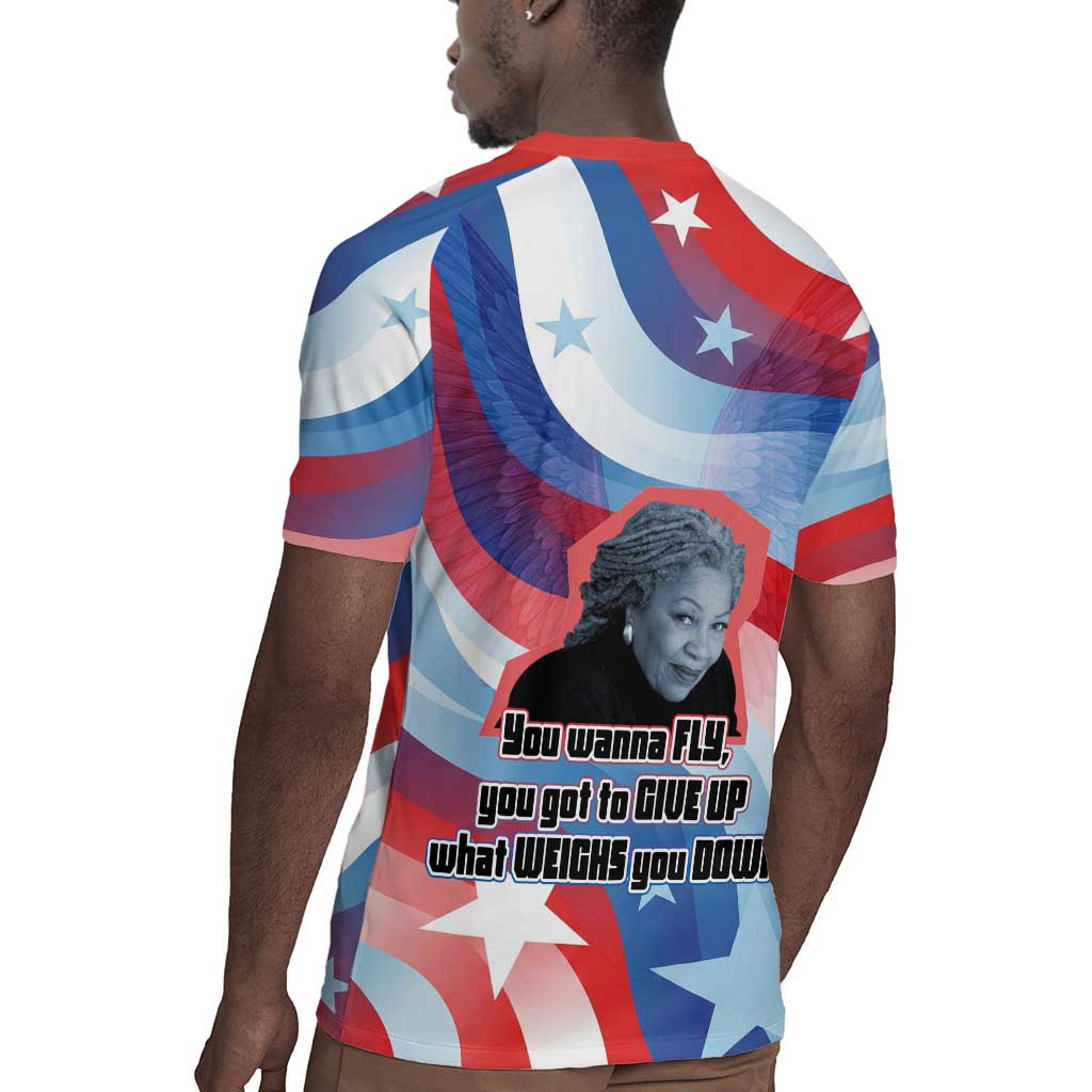 Toni Morrison Rugby Jersey Abstract Wings Design Empowering Quote Dual Portrait Celebration of Literary Freedom - African Pride