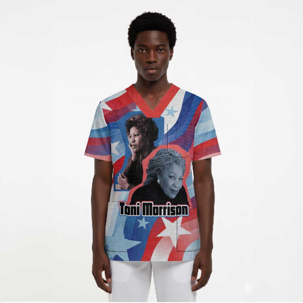 Toni Morrison Scrub Top Abstract Wings Design Empowering Quote Dual Portrait Celebration of Literary Freedom - African Pride