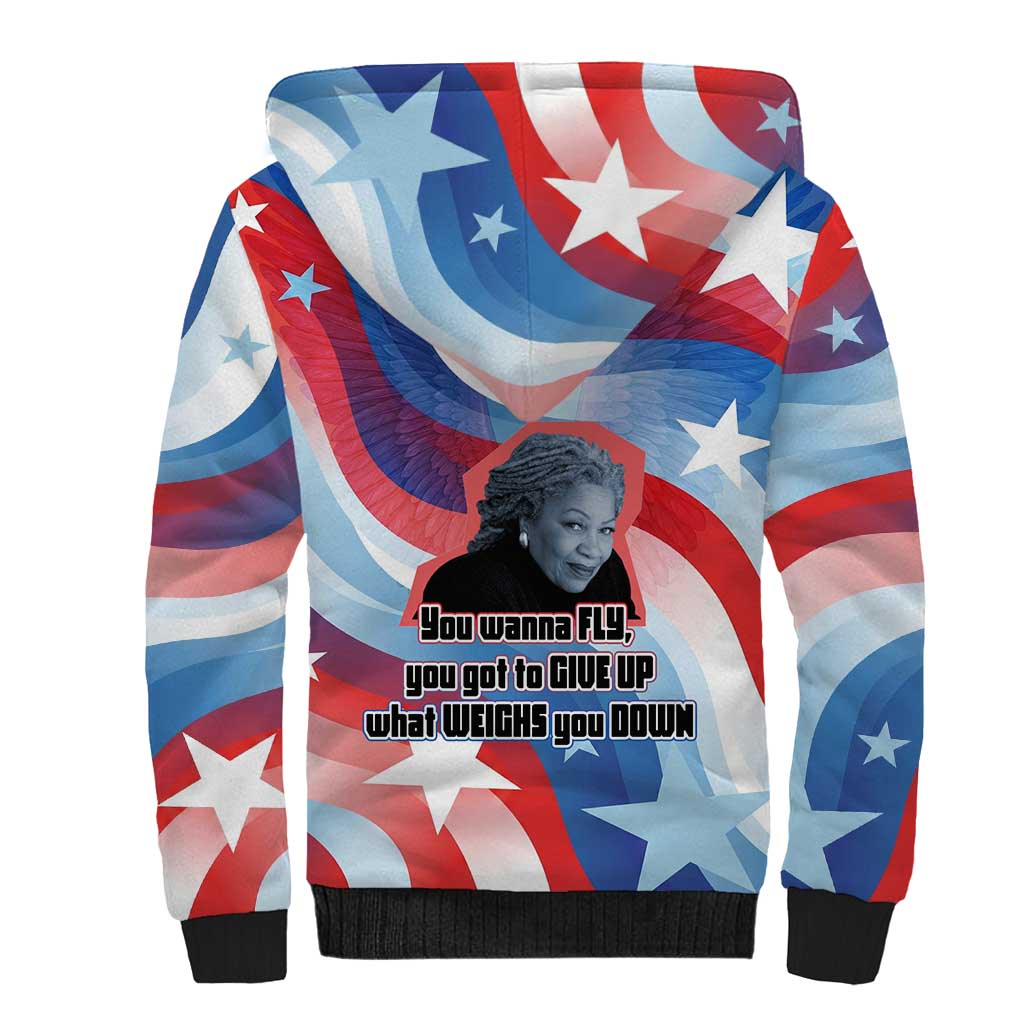Toni Morrison Sherpa Hoodie Abstract Wings Design Empowering Quote Dual Portrait Celebration of Literary Freedom - African Pride