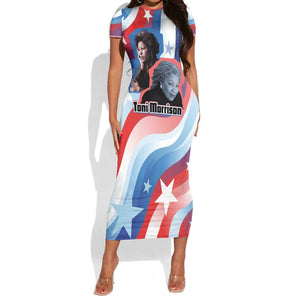 Toni Morrison Short Sleeve Bodycon Dress Abstract Wings Design Empowering Quote Dual Portrait Celebration of Literary Freedom - African Pride