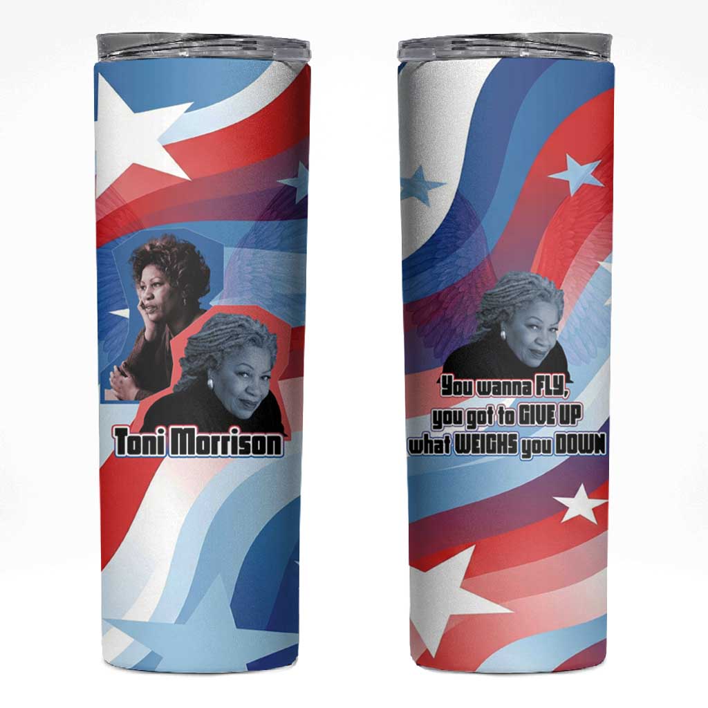 Toni Morrison Skinny Tumbler Abstract Wings Design Empowering Quote Dual Portrait Celebration of Literary Freedom - African Pride
