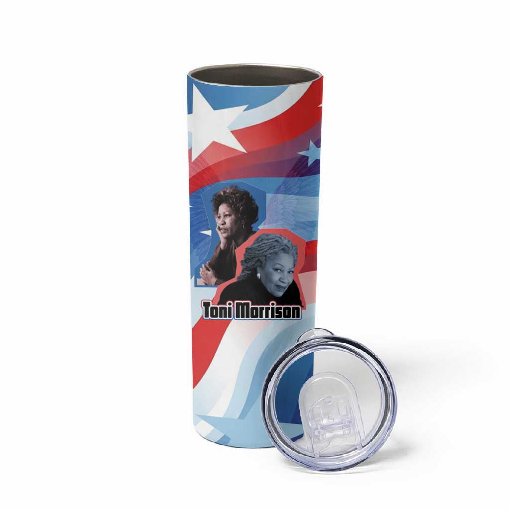 Toni Morrison Skinny Tumbler Abstract Wings Design Empowering Quote Dual Portrait Celebration of Literary Freedom - African Pride