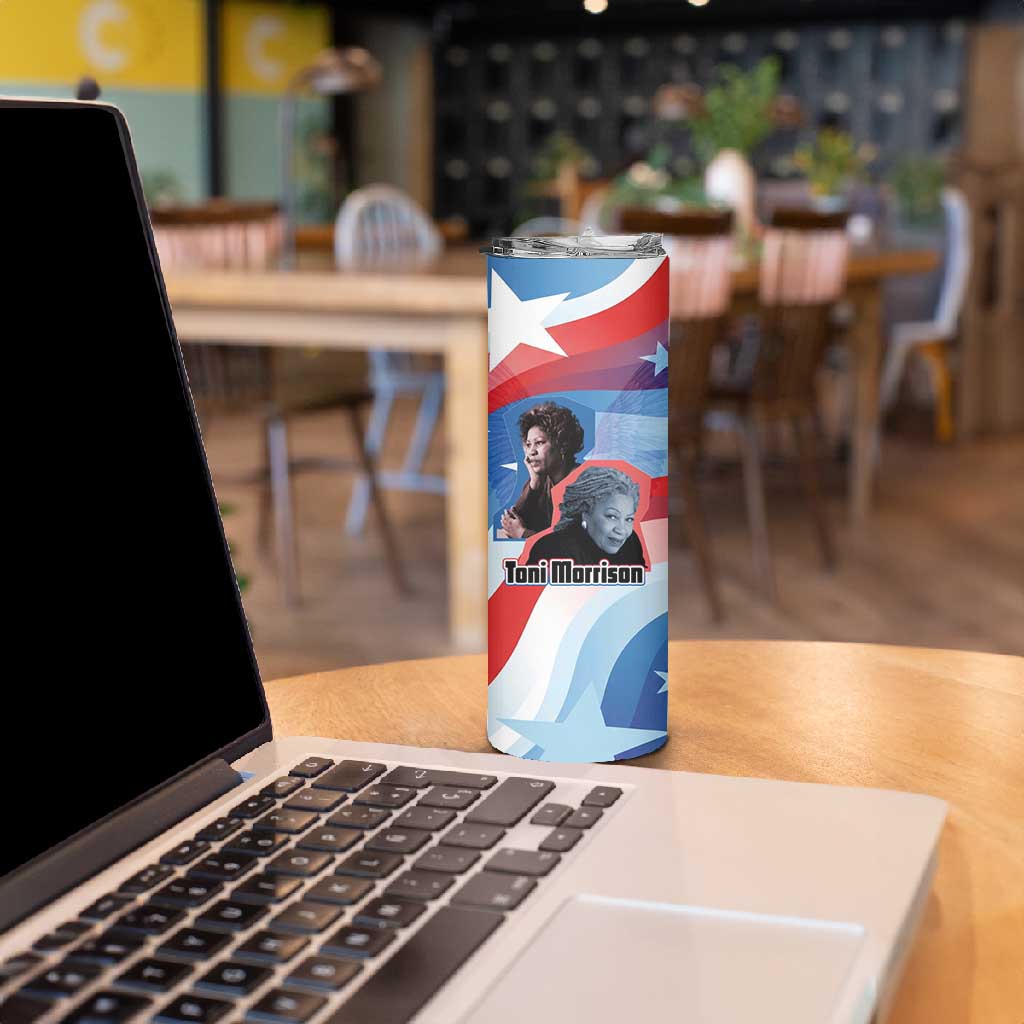 Toni Morrison Skinny Tumbler Abstract Wings Design Empowering Quote Dual Portrait Celebration of Literary Freedom - African Pride