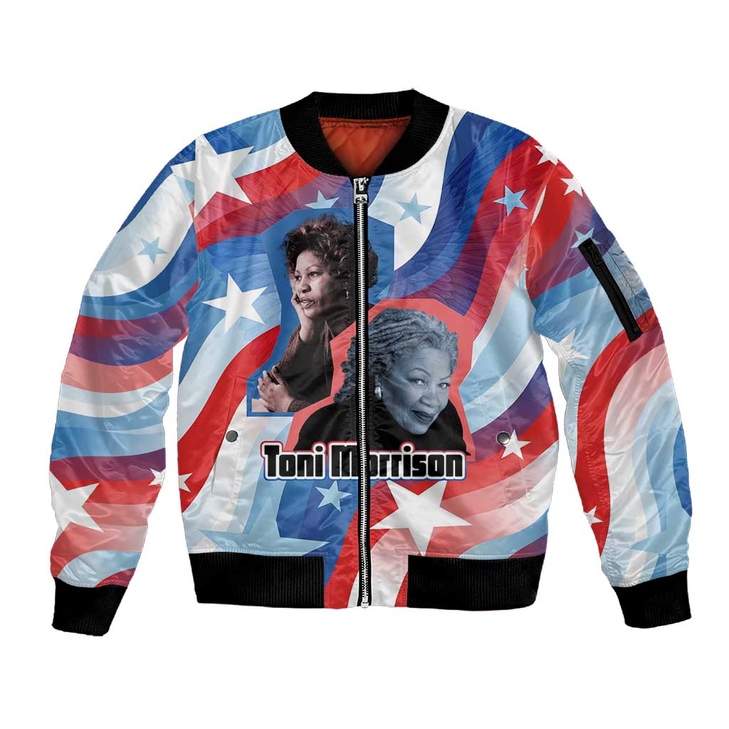 Toni Morrison Sleeve Zip Bomber Jacket Abstract Wings Design Empowering Quote Dual Portrait Celebration of Literary Freedom - African Pride