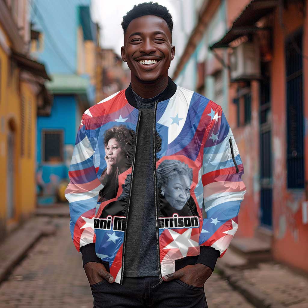 Toni Morrison Sleeve Zip Bomber Jacket Abstract Wings Design Empowering Quote Dual Portrait Celebration of Literary Freedom - African Pride
