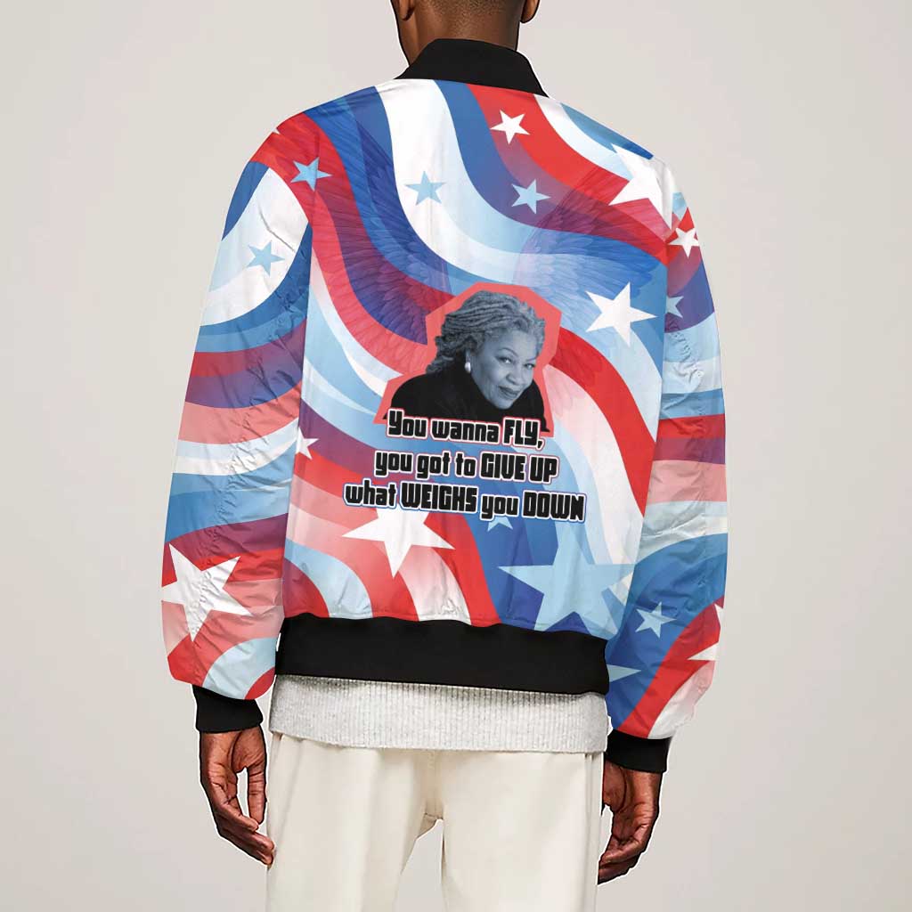 Toni Morrison Sleeve Zip Bomber Jacket Abstract Wings Design Empowering Quote Dual Portrait Celebration of Literary Freedom - African Pride