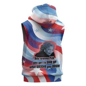 Toni Morrison Sleeveless Hoodie Abstract Wings Design Empowering Quote Dual Portrait Celebration of Literary Freedom - African Pride