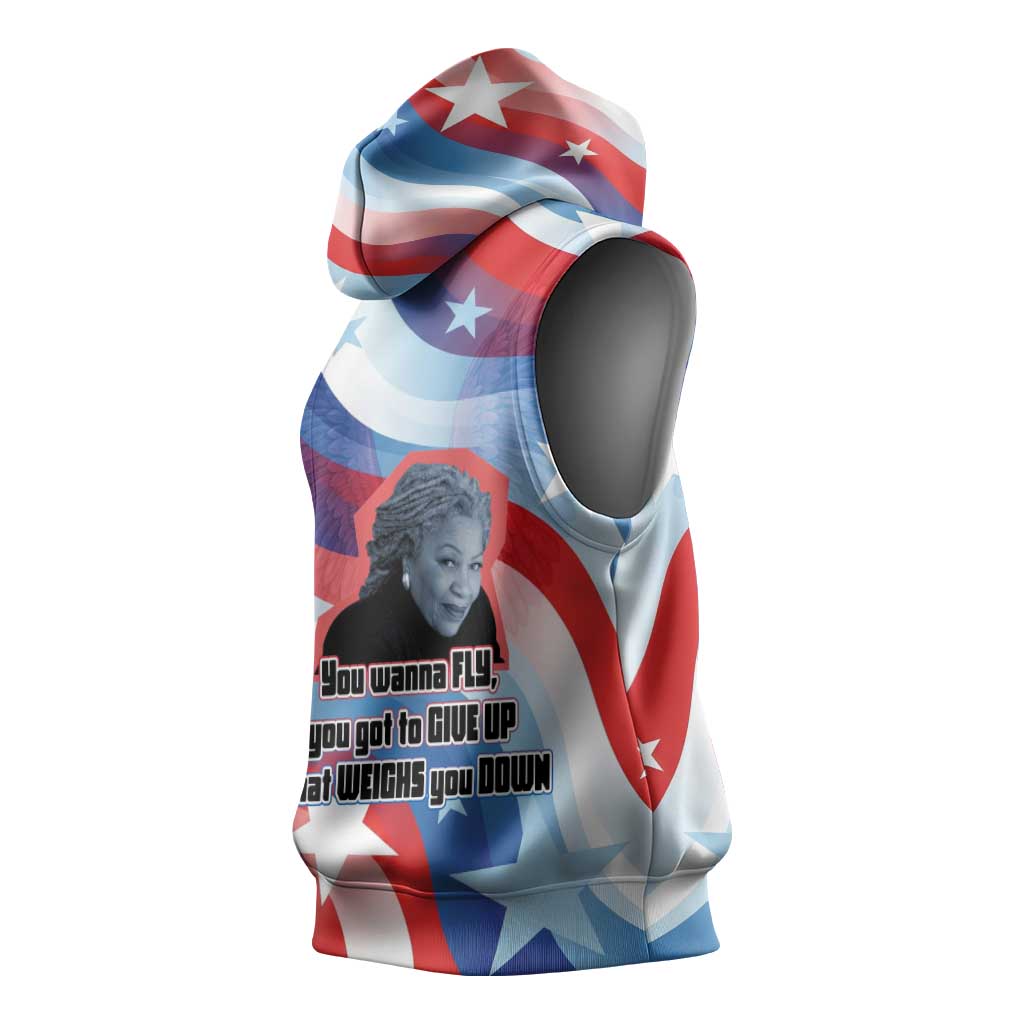 Toni Morrison Sleeveless Hoodie Abstract Wings Design Empowering Quote Dual Portrait Celebration of Literary Freedom - African Pride