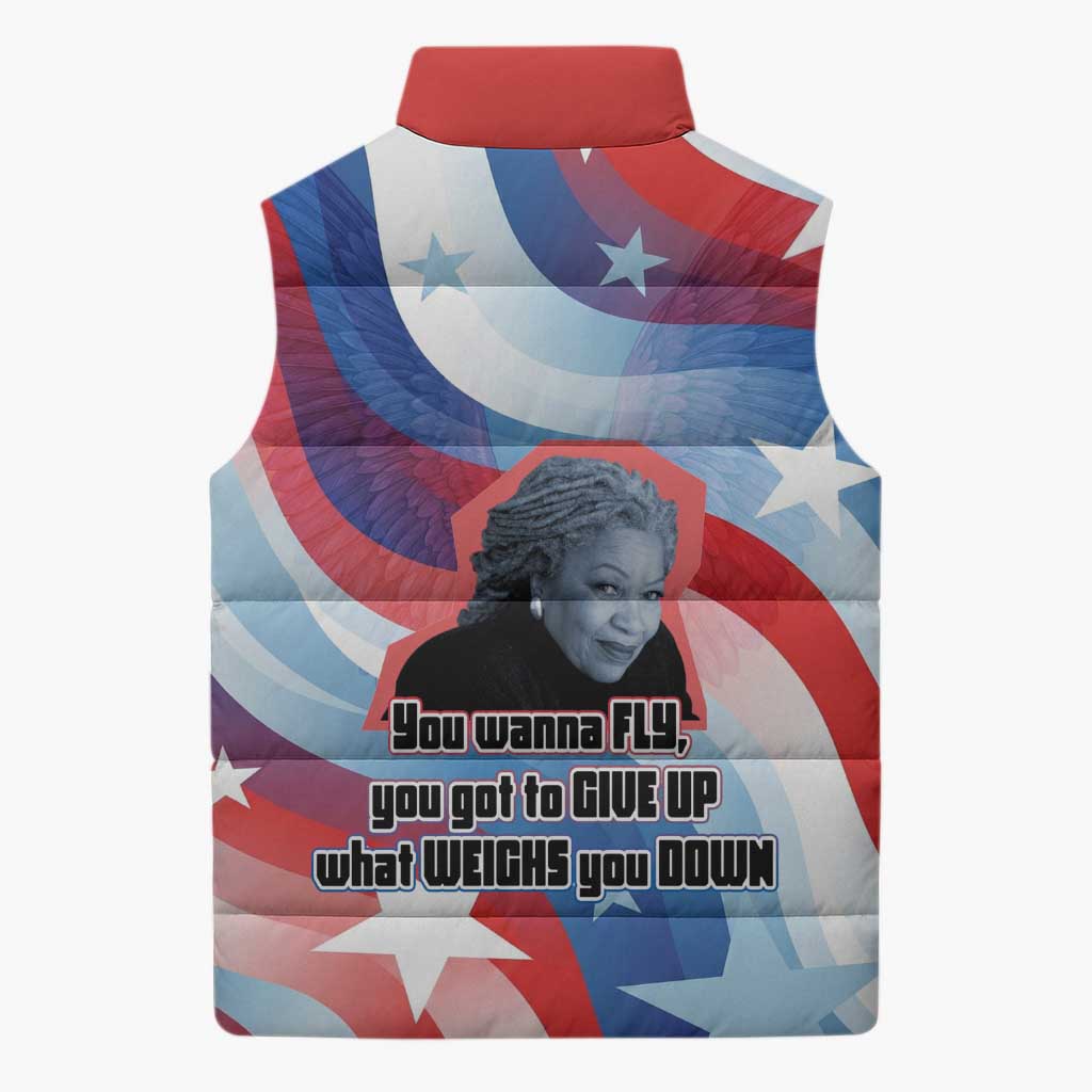 Toni Morrison Sleeveless Puffer Jacket Abstract Wings Design Empowering Quote Dual Portrait Celebration of Literary Freedom - African Pride
