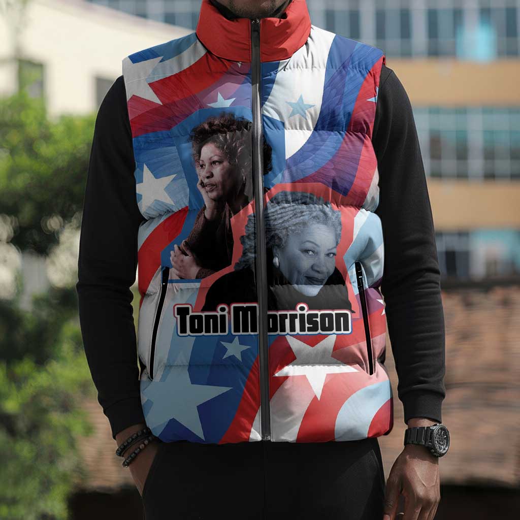 Toni Morrison Sleeveless Puffer Jacket Abstract Wings Design Empowering Quote Dual Portrait Celebration of Literary Freedom - African Pride