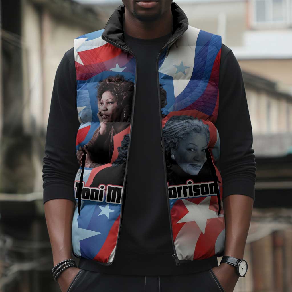 Toni Morrison Sleeveless Puffer Jacket Abstract Wings Design Empowering Quote Dual Portrait Celebration of Literary Freedom - African Pride