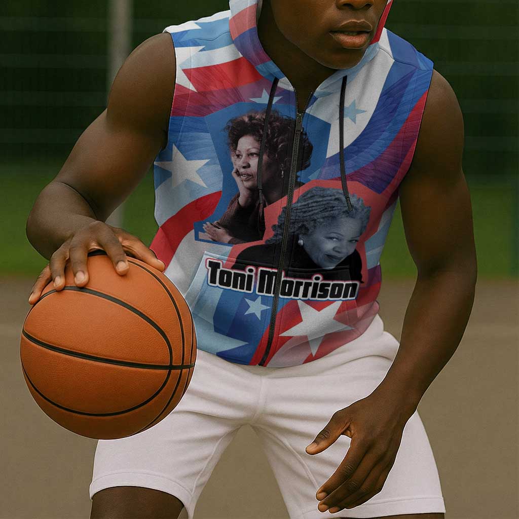 Toni Morrison Sleeveless Zip Hoodie Abstract Wings Design Empowering Quote Dual Portrait Celebration of Literary Freedom - African Pride