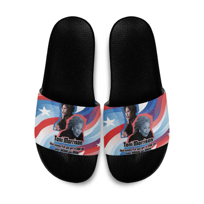 Toni Morrison Slide Sandals Abstract Wings Design Empowering Quote Dual Portrait Celebration of Literary Freedom - African Pride
