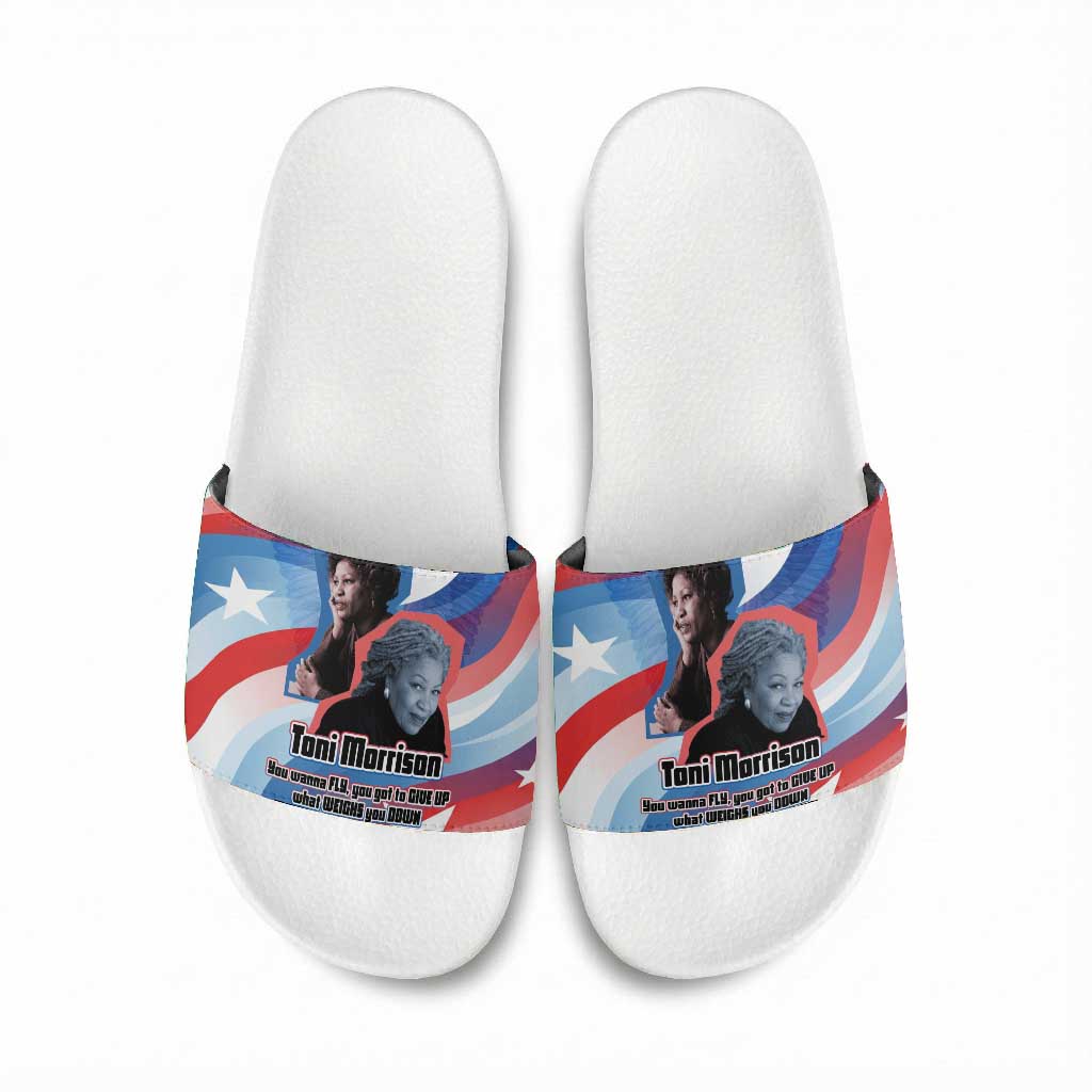 Toni Morrison Slide Sandals Abstract Wings Design Empowering Quote Dual Portrait Celebration of Literary Freedom - African Pride