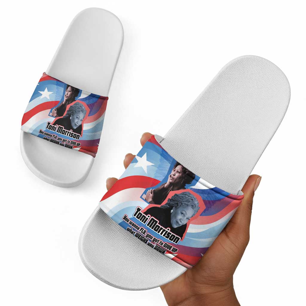 Toni Morrison Slide Sandals Abstract Wings Design Empowering Quote Dual Portrait Celebration of Literary Freedom - African Pride