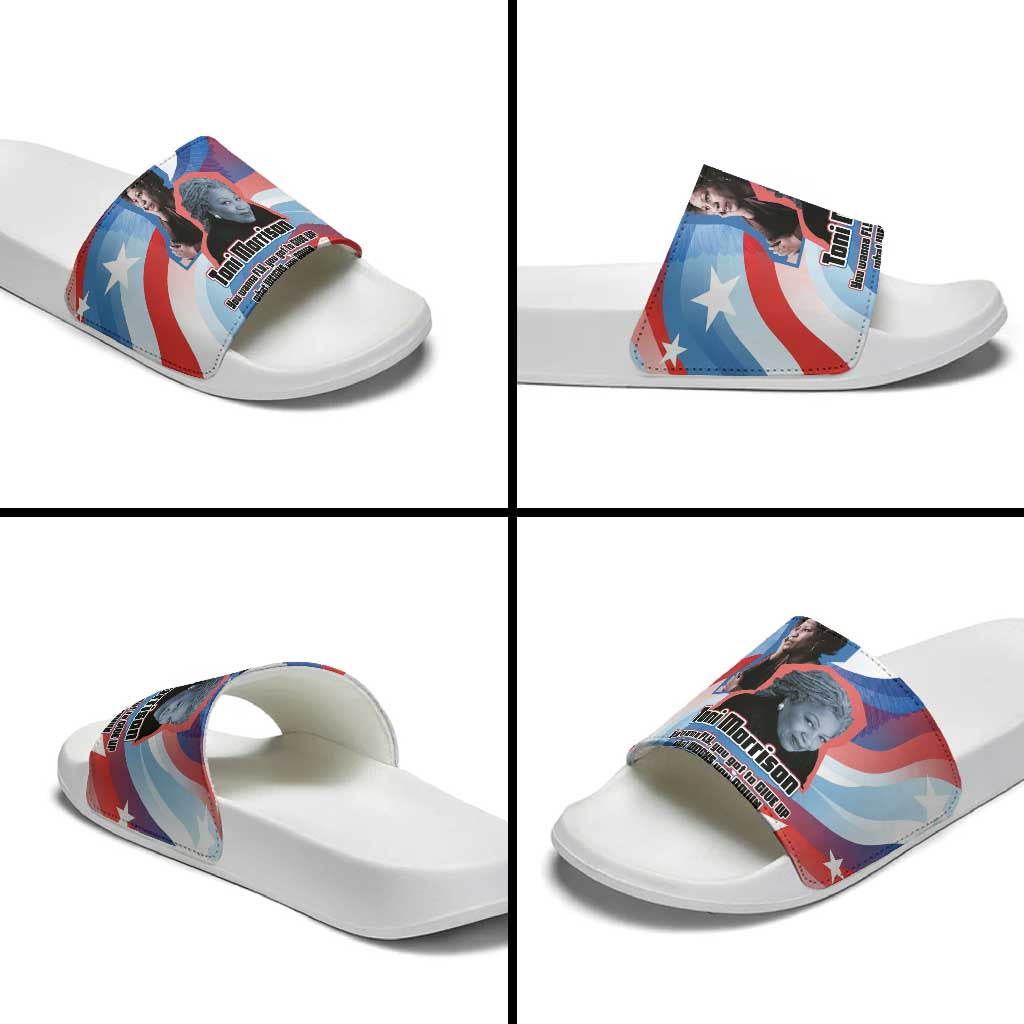 Toni Morrison Slide Sandals Abstract Wings Design Empowering Quote Dual Portrait Celebration of Literary Freedom - African Pride
