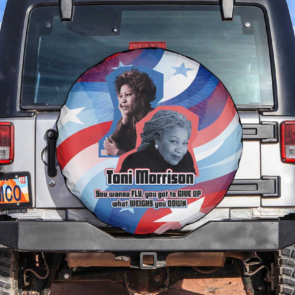 Toni Morrison Spare Tire Cover Abstract Wings Design Empowering Quote Dual Portrait Celebration of Literary Freedom - African Pride